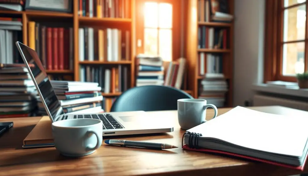 A cozy home office with a desk, laptop, and stacks of notebooks. Warm, natural lighting filters through a window, casting a soft glow. On the desk, a cup of coffee and a pen rest next to the laptop, ready for a morning of productive blogging. The background features a bookshelf filled with reference materials, inspiring the aspiring blogger. The overall scene conveys a sense of focus, creativity, and the excitement of starting a new online venture.