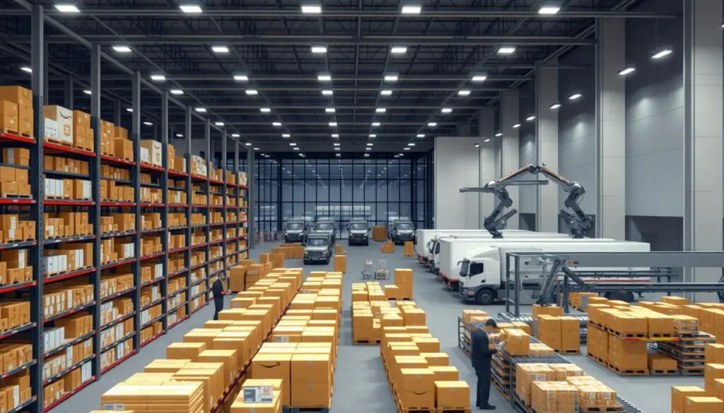 A high-resolution, highly detailed 3D rendering of an Amazon FBA fulfillment center. The foreground depicts a bustling warehouse floor, with rows of shelves filled with products, and workers efficiently packing and sorting items. The middle ground showcases the advanced logistics system, with conveyor belts, automated robotic arms, and barcode scanners. In the background, the exterior of the modern, well-lit fulfillment center is visible, with sleek architecture and a fleet of delivery trucks ready to transport the packaged goods. The scene is illuminated by a combination of natural and artificial lighting, creating a sense of efficiency and productivity. The overall mood is one of precision, organization, and the seamless integration of technology in the e-commerce supply chain.