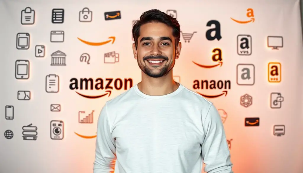 A professional e-commerce influencer stands confidently in front of a clean white backdrop, surrounded by a variety of Amazon product icons, glowing logos, and sleek shopping interfaces. Warm, directional lighting accentuates the influencer's friendly expression and casual attire, conveying an approachable, trustworthy vibe. The scene evokes a sense of entrepreneurial opportunity and the power of leveraging one's social media following to earn income through the Amazon Influencer Program. The composition is balanced, with the influencer as the focal point, complemented by a subtle product placement and branding elements that enhance the overall narrative.