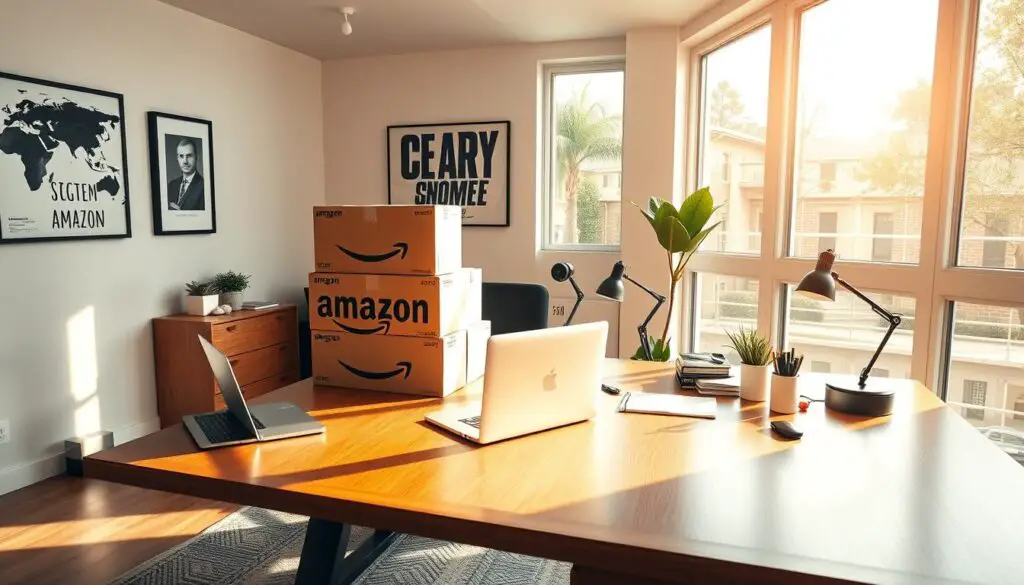 A sleek, modern home office with a large, polished wooden desk, a high-end laptop, and various productivity tools. The room is bathed in warm, natural lighting filtering through large windows, creating a productive and inviting atmosphere. On the desk, there is a stack of Amazon shipping boxes, symbolizing the potential to generate income from the e-commerce platform. The walls are adorned with motivational artwork and a world map, hinting at the global reach of Amazon's services. The overall scene conveys a sense of opportunity, efficiency, and the ability to work from the comfort of one's own home to capitalize on the Amazon ecosystem.