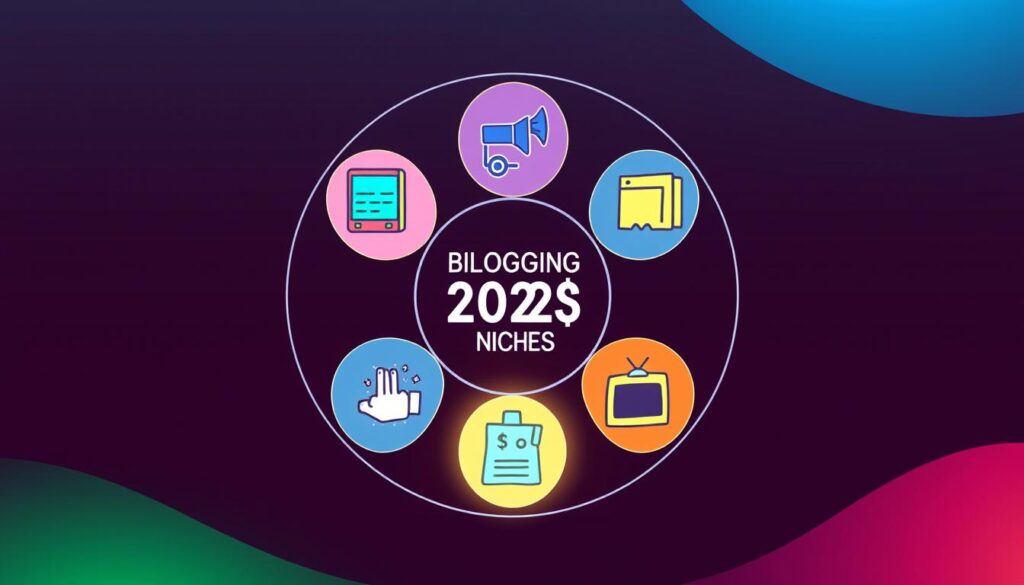 A vibrant, visually-striking digital illustration depicting five of the most profitable blogging niches in 2023. The image features a central circular composition with five distinct segments, each showcasing a specific niche through a combination of icons, graphics, and subtle textual cues. The niches are depicted in a crisp, minimalist style with a focus on bold colors and clean lines. The foreground is well-lit, with a soft, warm light source illuminating the central elements. The background is a subtle gradient, allowing the niches to stand out prominently. The overall mood is one of opportunity, growth, and financial success, conveying the lucrative potential of these blogging specialties.